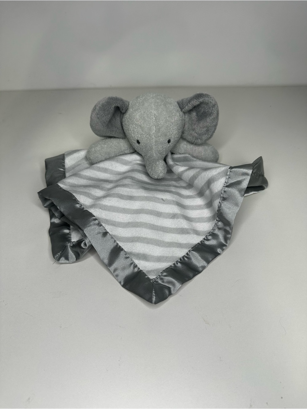 Cloud Island Elephant Gray White Striped Satin Baby Security Blanket Lovey Toy.